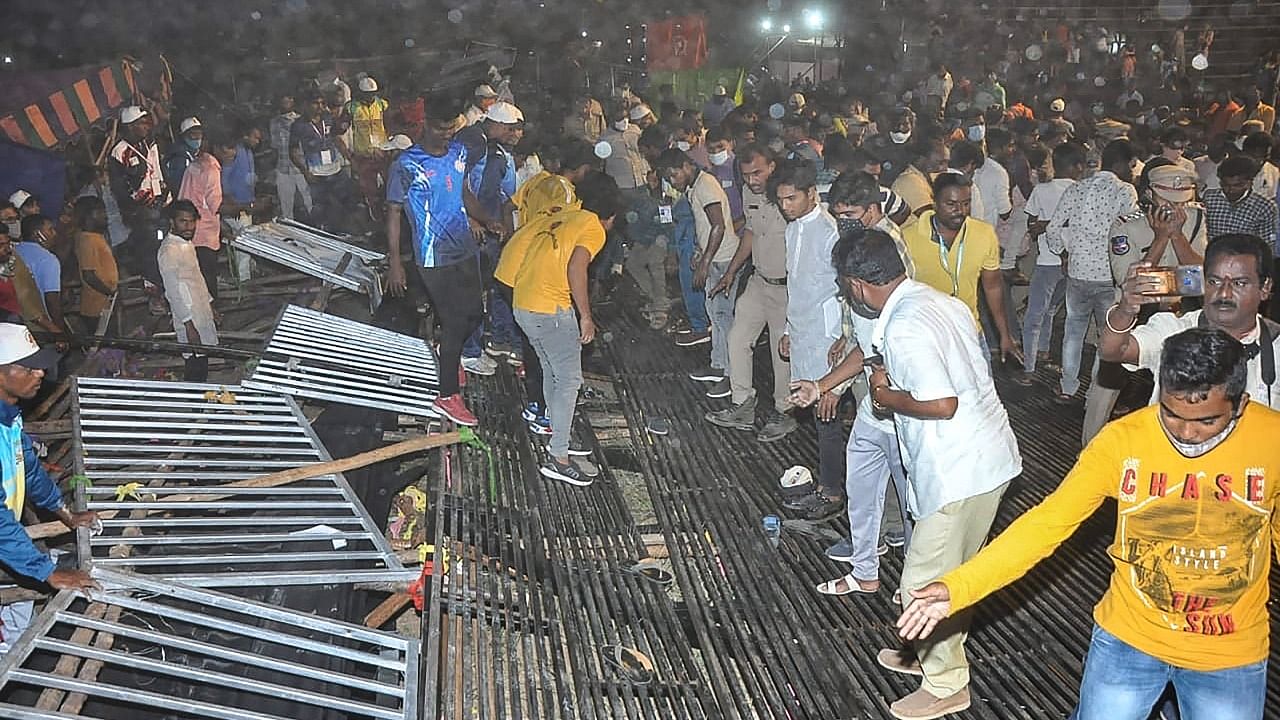 Spectators in shock after a stand collapsed during the 47th Junior National Kabaddi Championship, in Surapet. Credit: PTI Photo