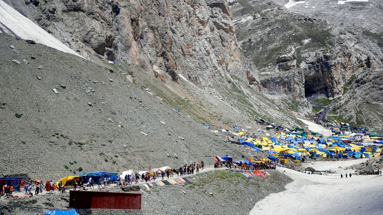 Hindu devotees on their way to the holy cave shrine of Amarnath, at Pahalgam in Anantnag district of Jammu and Kashmir. Credit: PTI File Photo