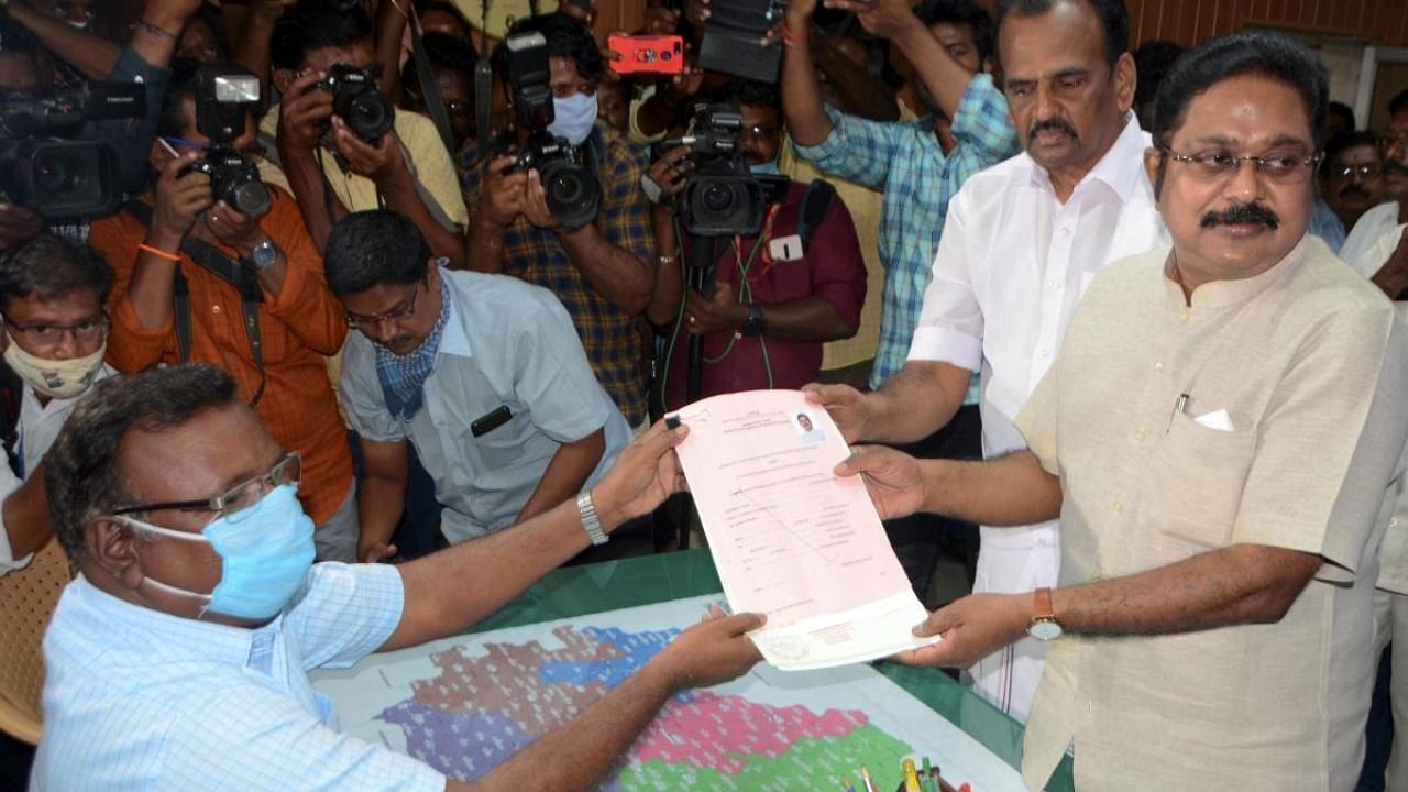 Amma Makkal Munnetra Kazhagam (AMMK) general secretary TTV Dhinakaran files his nomination from Kovilpatti assembly constituency for upcoming elections, in Thoothukudi district. Credit: PTI.