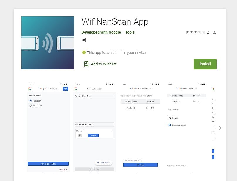 WifiNanScan app on Google Play store (screen shot)