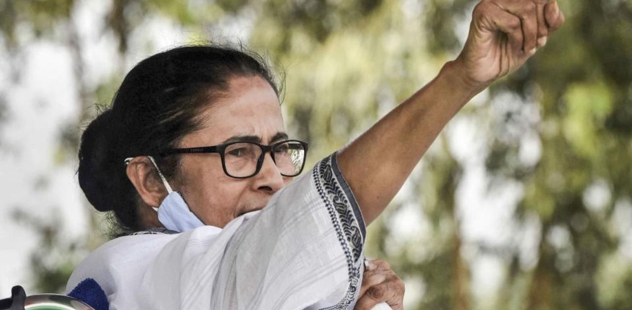 Mamata Banerjee addresses an election campaign rally for Assembly polls, at Kotulpur in Bankura, Monday, March 22, 2021. Credit: PTI Photo