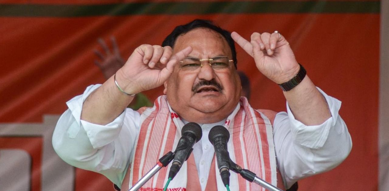 BJP National President JP Nadda addresses an election campaign rally, ahead of Assam Assembly polls, at Tingkhong in Dibrugarh district, Monday, March 22, 2021. Credit: PTI Photo