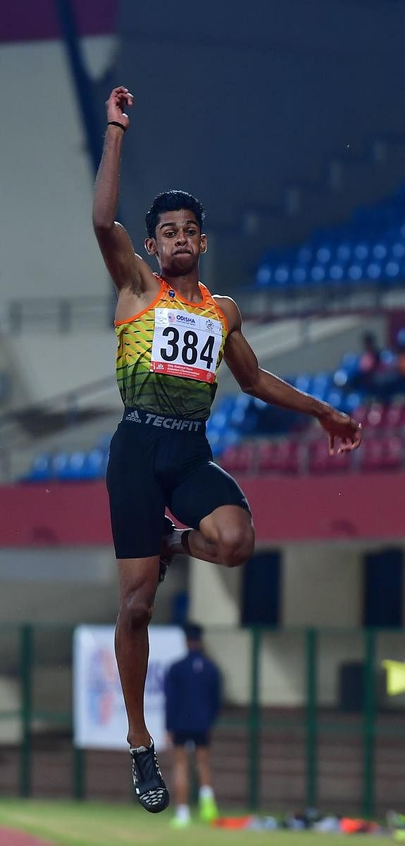 M Sreeshankar leaps to the long jump gold.