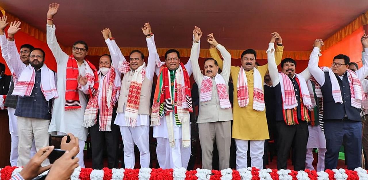 Assam Chief Minister Sarbananda Sonowal at a rally with Union Minister Jitendra Singh, leaders of BJP Baijayant Panda, Himanta Biswa Sarma, Ranjit Dass, AGP President Atul Bora, UPPL leader Pramod Boro, after filing his nomination for the upcoming Assembly elections from the Majuli seat, at the Deputy Commissioner's office in Garmur, Tuesday, March 9, 2021. Credit: PTI Photo
