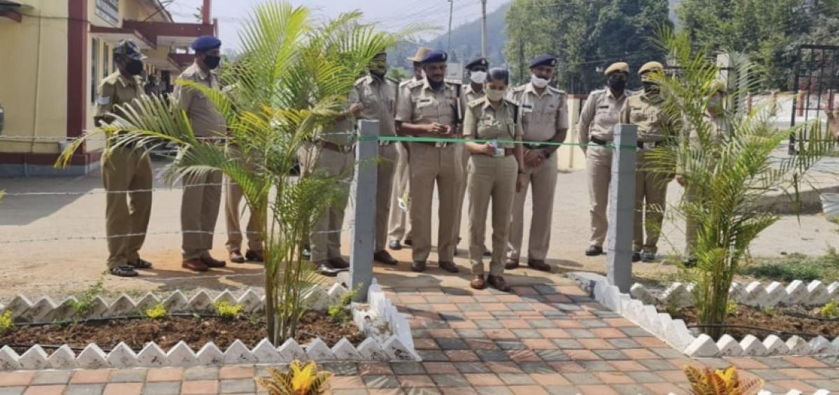 Superintendent of Police Kshama Mishra inaugurates a park situated in front of Kushalnagar Town Police Station.