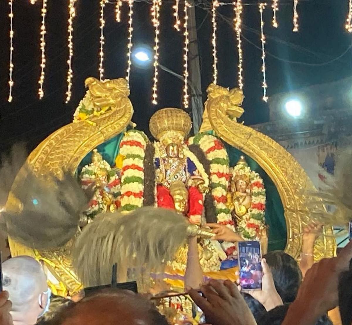 Melkote Cheluvanarayana Swamy adorned with diamond-studded crown (Vairamudi) taken out on a procession at Melkote, Mandya district, on Wednesday. DH PHOTO