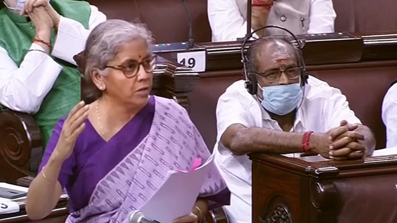 Union Finance Minister Nirmala Sitharaman speaks in the Rajya Sabha during the Budget Session of Parliament. Credit: PTI.