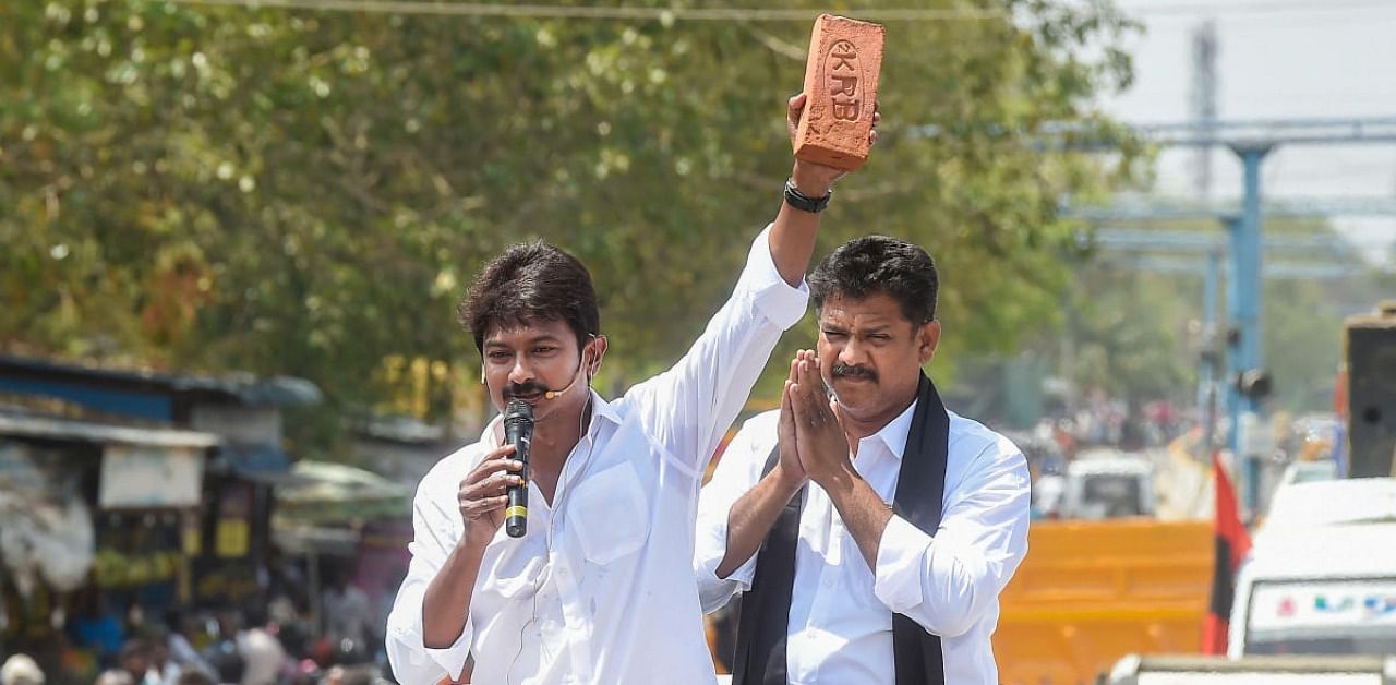 Dravida Munnetra Kazhagam (DMK) leader Udhayanidhi Stalin during an election campaign rally in support of his allied party candidate from Sattur constituency Raghuraman, ahead of Tamil Nadu assembly polls, in Virudhunagar district, Tuesday, March 23, 2021. Credit: PTI Photo