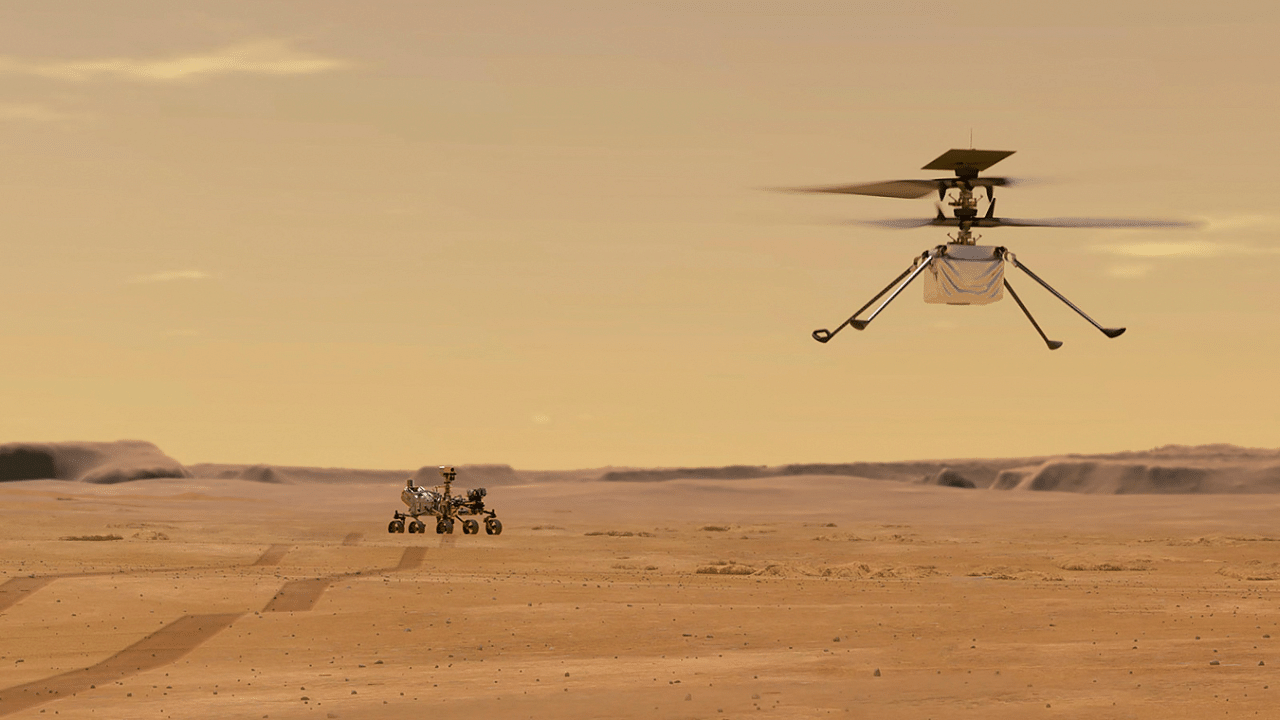 An illustration depicts Mars Helicopter Ingenuity during a test flight on Mars. Credit: AFP Photo