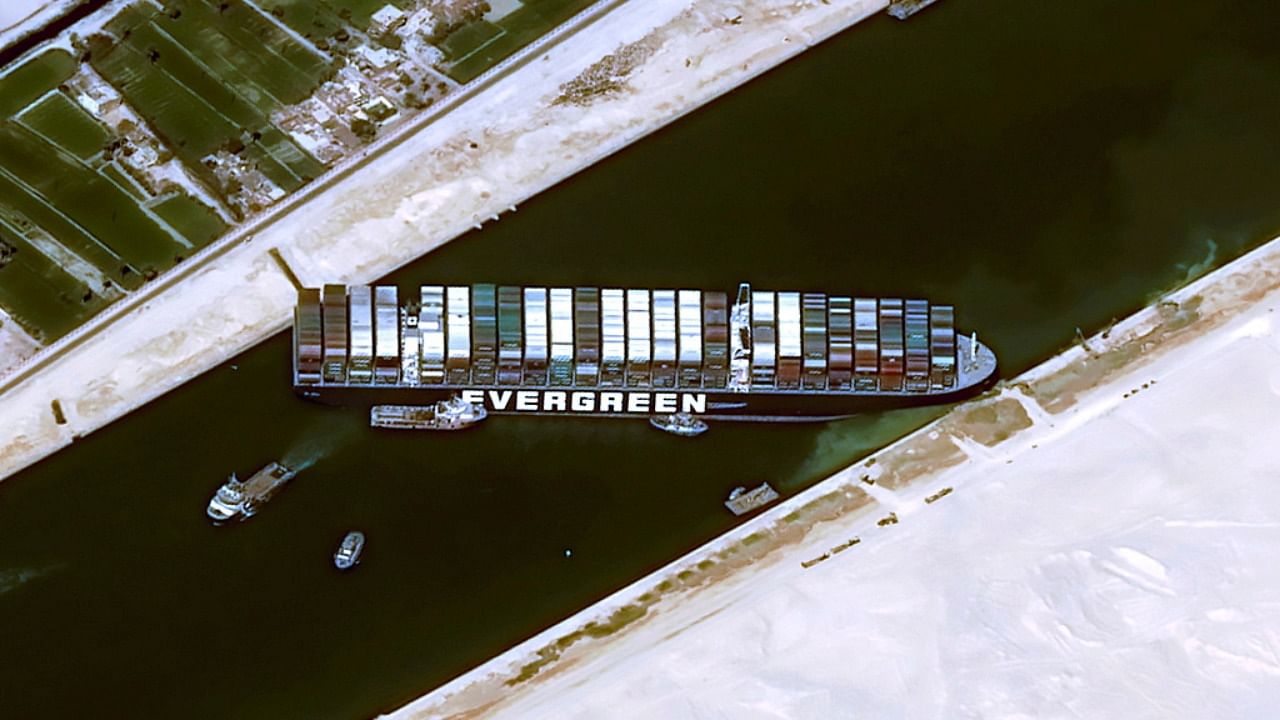 A satellite image shows stranded container ship Ever Given ran around in Suez Canal, Egypt March 25, 2021. Credit: CNES/AIRBUS DS via Reuters