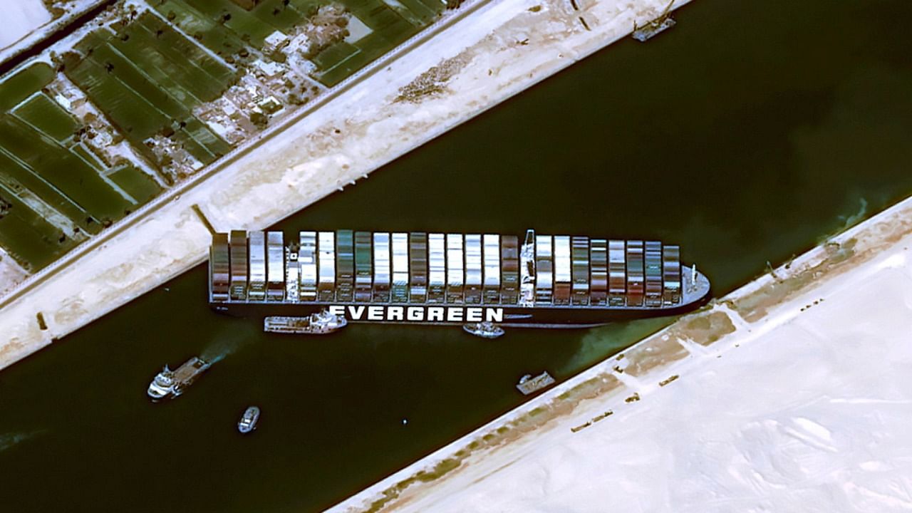 Satellite image shows stranded container ship Ever Given after it ran aground in Suez Canal. Credit: Reuters