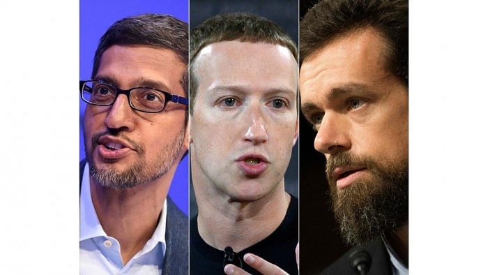 The CEOs of social media giants Facebook, Twitter and Google face a new grilling by Congress Thursday. Credit: AFP File Photo