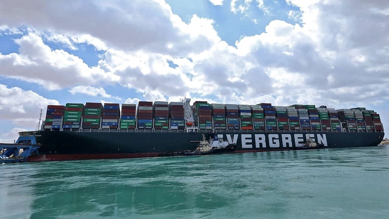 The Taiwan-owned MV Ever Given (Evergreen) which has caused a blockage in the Suez Canal and as a result, global trade. Credit: AFP Photo