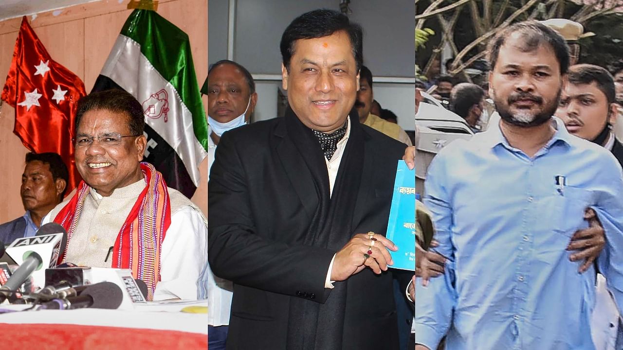(L-R) Assam Congress Chief Ripun Bora, Assam CM Sarbananda Sonowal, Akhil Gogoi. Credit: PTI File Photos