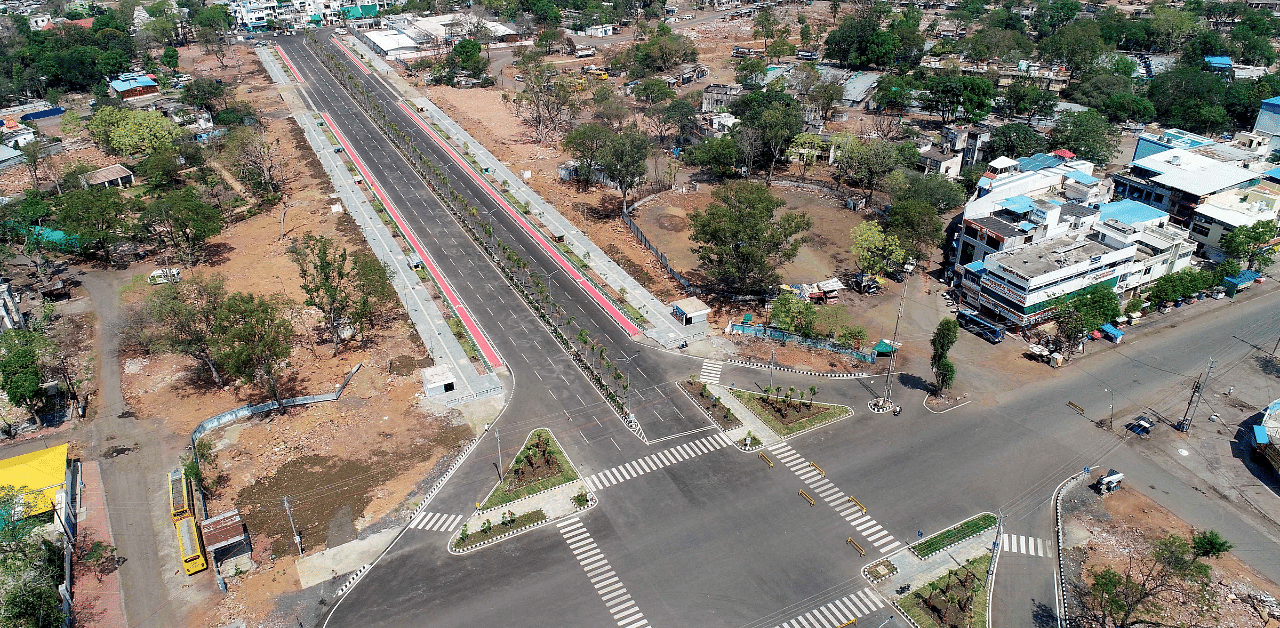 An aerial view of deserted roads during a complete lockdown amid coronavirus pandemic, in Bhopal. Credit: PTI Photo