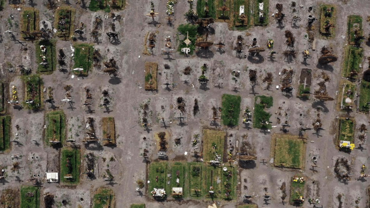 In this file photo taken on July 28, 2020, aerial view of graves at the special area for COVID-19 victims of the Municipal Pantheon of Valle de Chalco, State of Mexico. Credit: AFP Photo