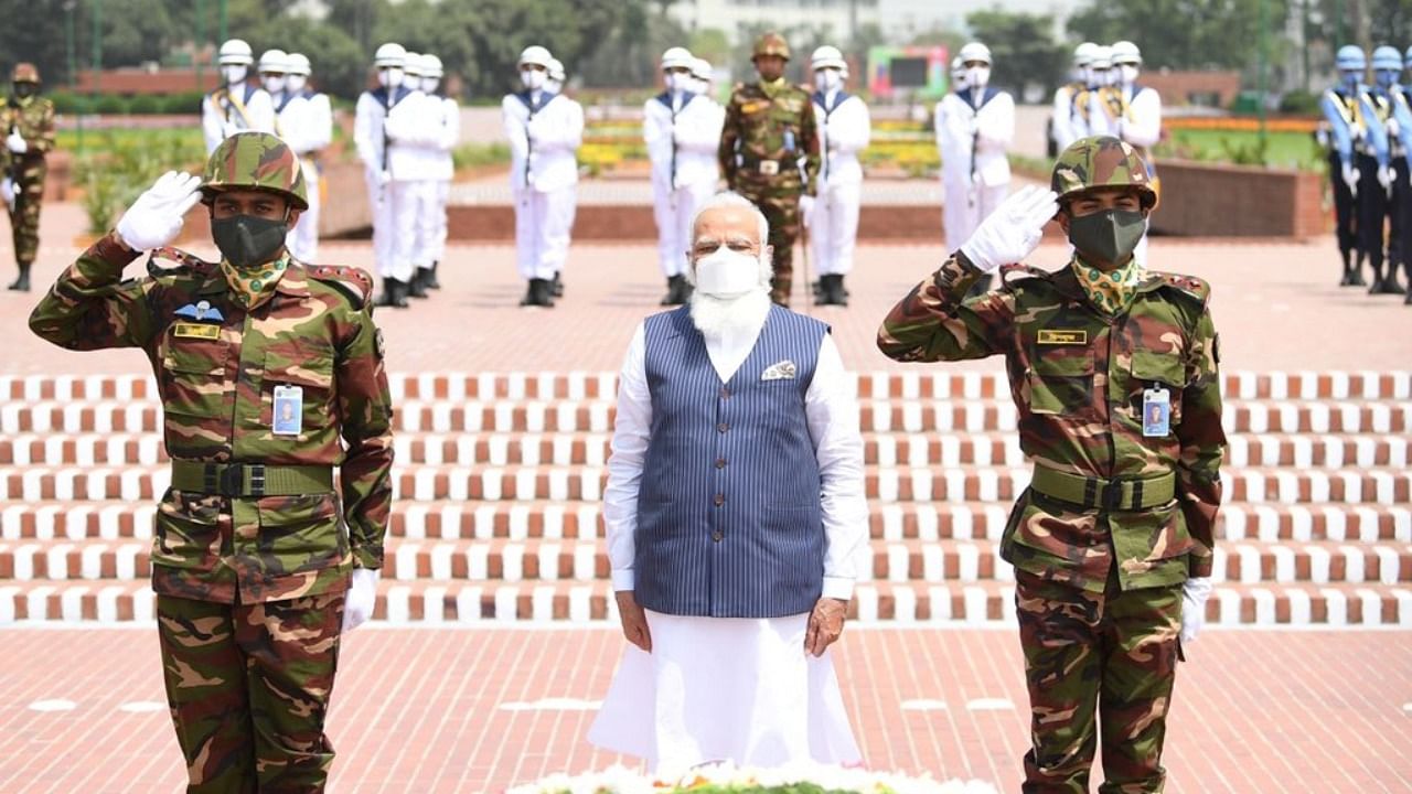 Prime Minister Narendra Modi Friday visited the National Martyr's memorial at Savar in Bangladesh. Credit: Twitter Photo/@PMOIndia