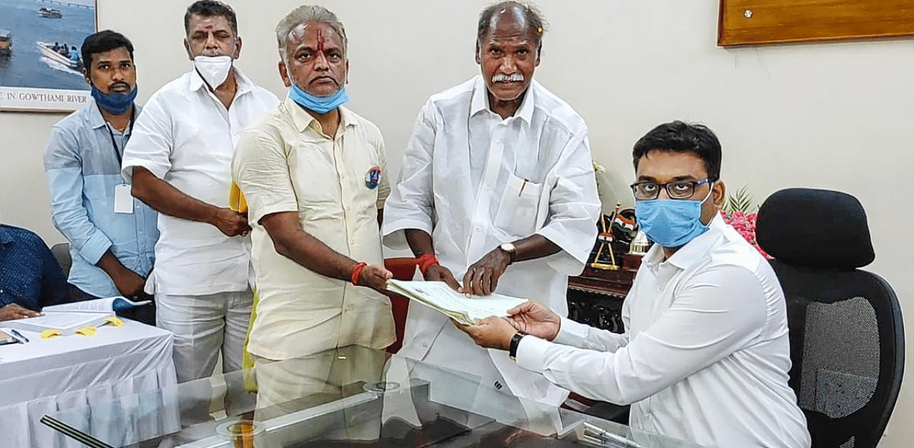 Former Chief Minister and NR Congress President N Rangasamy files his nomination for upcoming elections from Yanam constituency of Andhra Pradesh. Credit: PTI photo. 