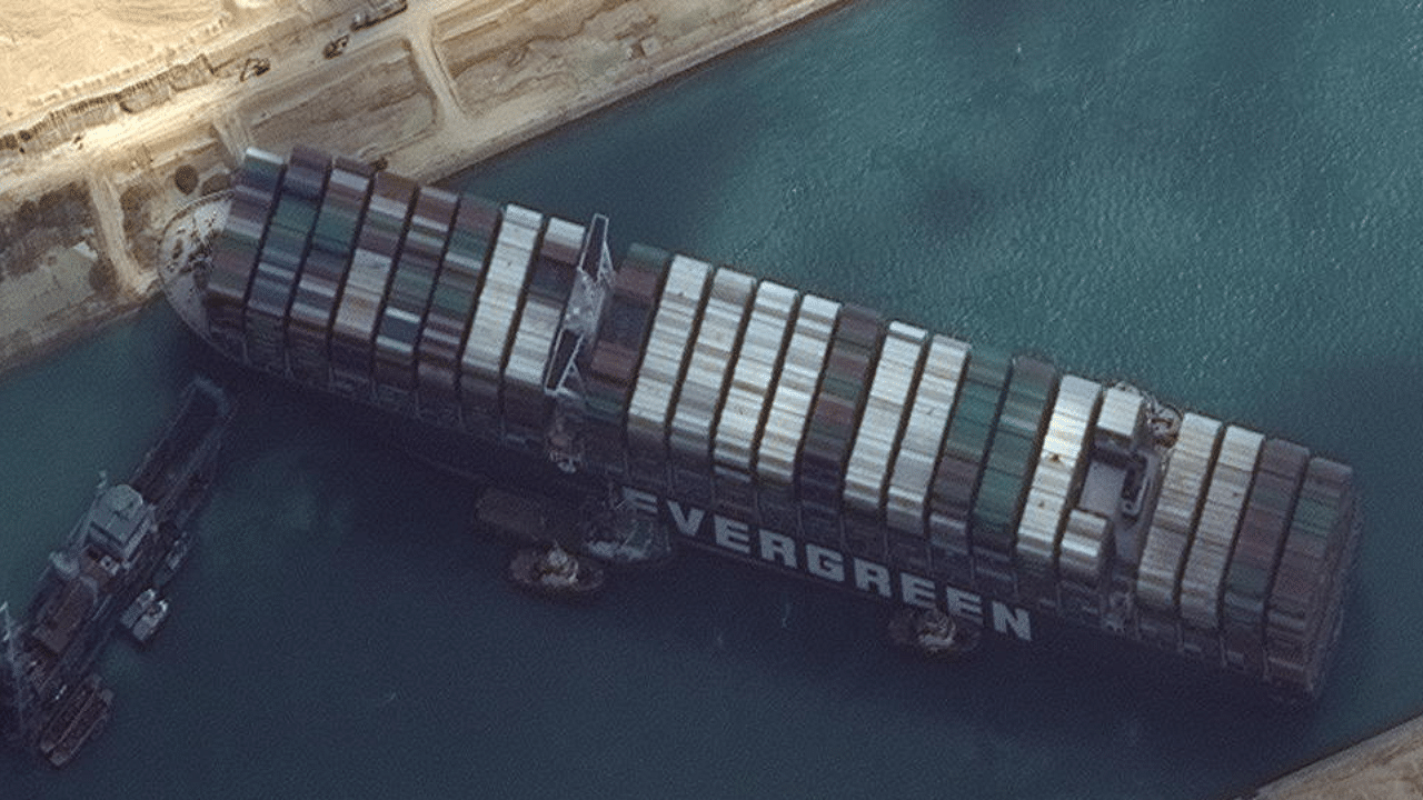 Ever Given container ship is pictured in Suez Canal in this Maxar Technologies satellite image taken on March 26, 2021.  Credit: Reuters Photo