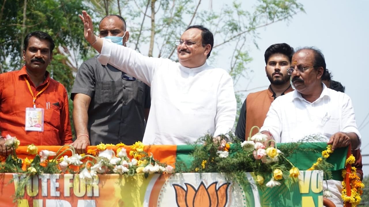 BJP President J P Nadda during a rally ahead of the Kerala Assembly elections. Credit: DH Photo