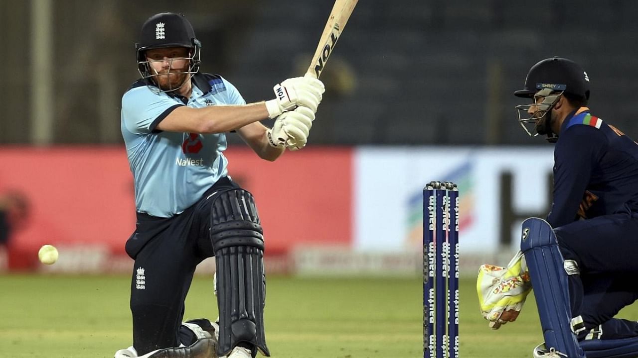 England batsman Jonny Bairstow plays a shot during 2nd One Day International between India and England at Maharashtra Cricket Association Stadium in Pune. Credit: AFP.