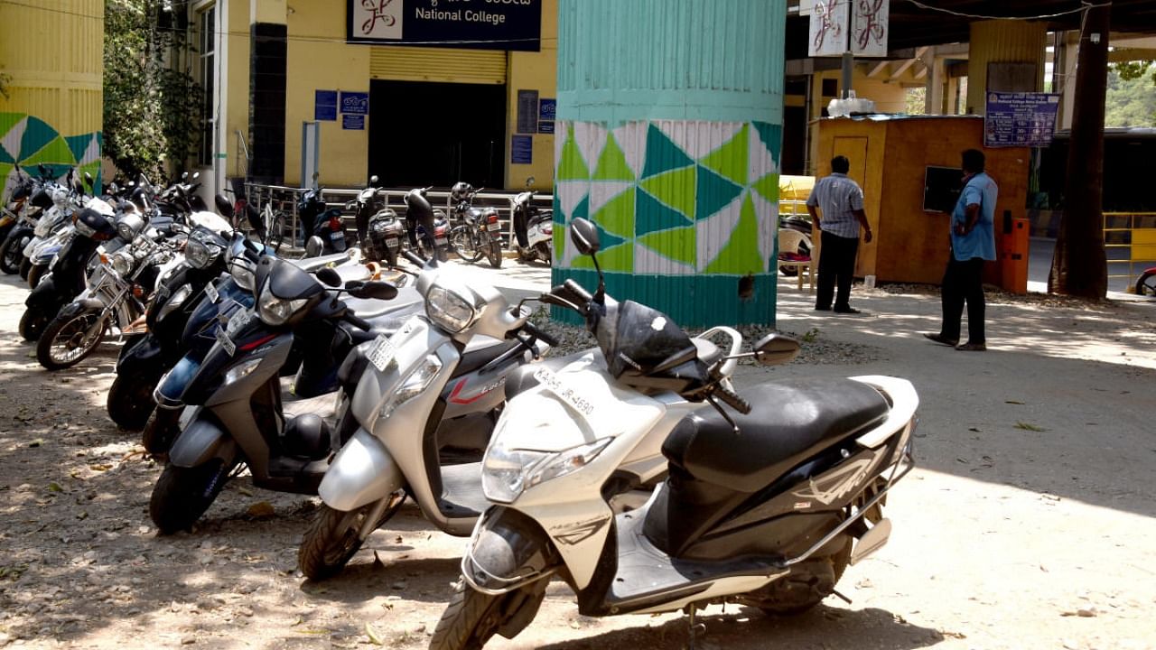 Only a few Metro Stations under the first phase have adequate parking space, mostly for two-wheelers like this one at the National College Station. Credit: DH photo/S K DINESH.