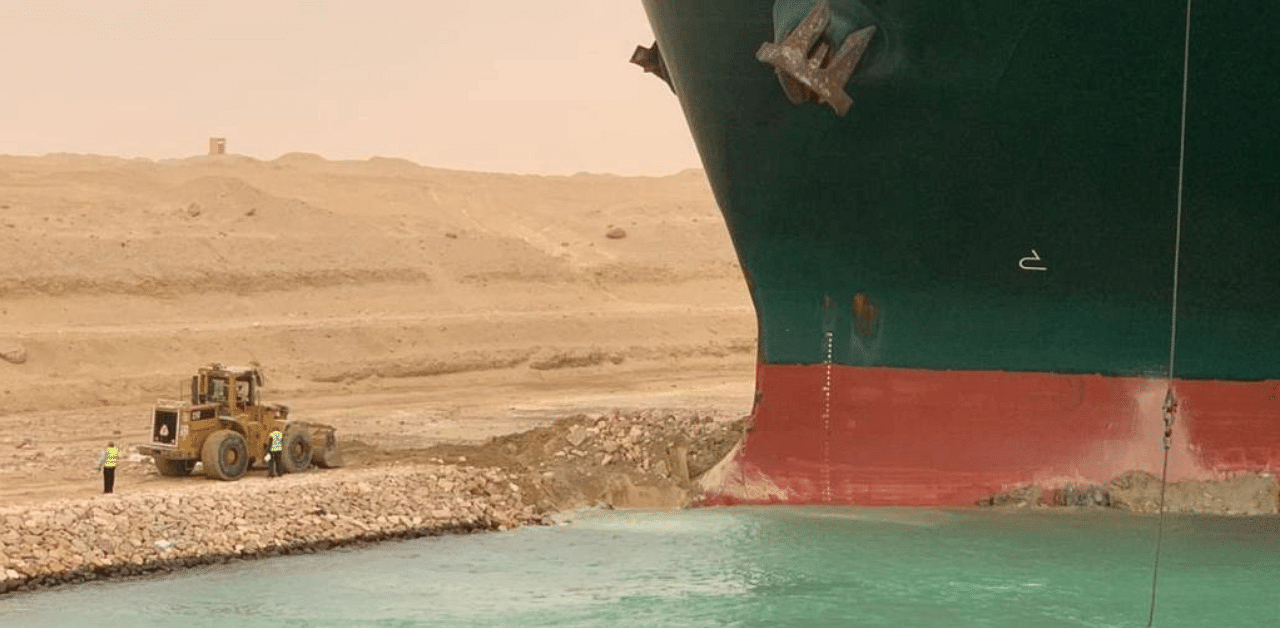 The trapped container ship is blocking traffic in the Suez Canal, one of the world's busiest shipping channels for oil and refined fuels. Credit: Reuters Photo