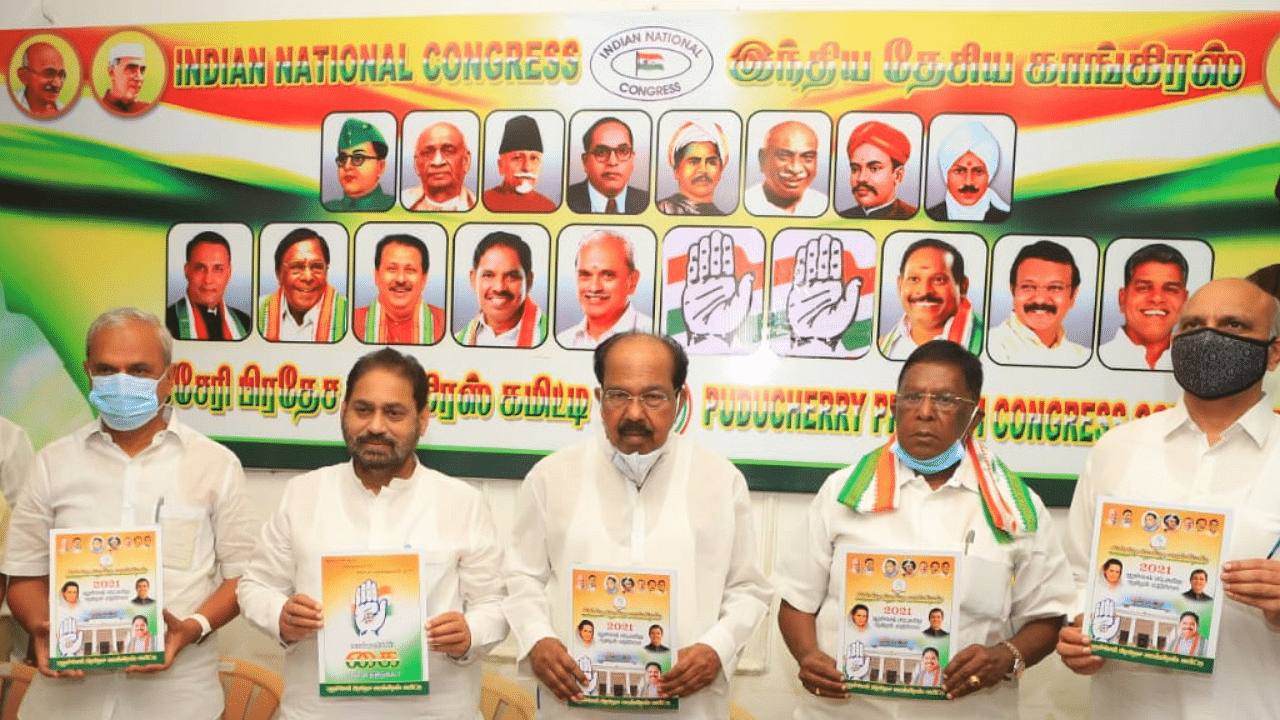 The manifesto was released here on Sunday by former Union Minister and senior Congress leader Veerappa Moily. Credit: Twitter/@INCPuducherry