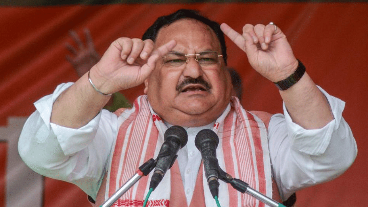 BJP National President JP Nadda addresses an election campaign rally, ahead of Assam Assembly polls, at Tingkhong in Dibrugarh district, Monday, March 22, 2021. Credit: PTI Photo