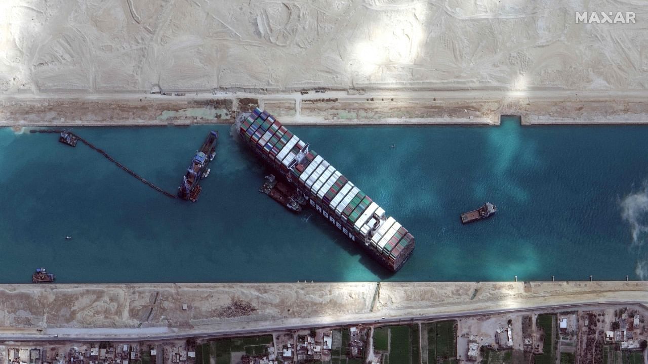 This satellite imagery released by Maxar Technologies shows the MV Ever Given container ship in the Suez Canal on the morning of March 28, 2021. Credit: AFP Photo