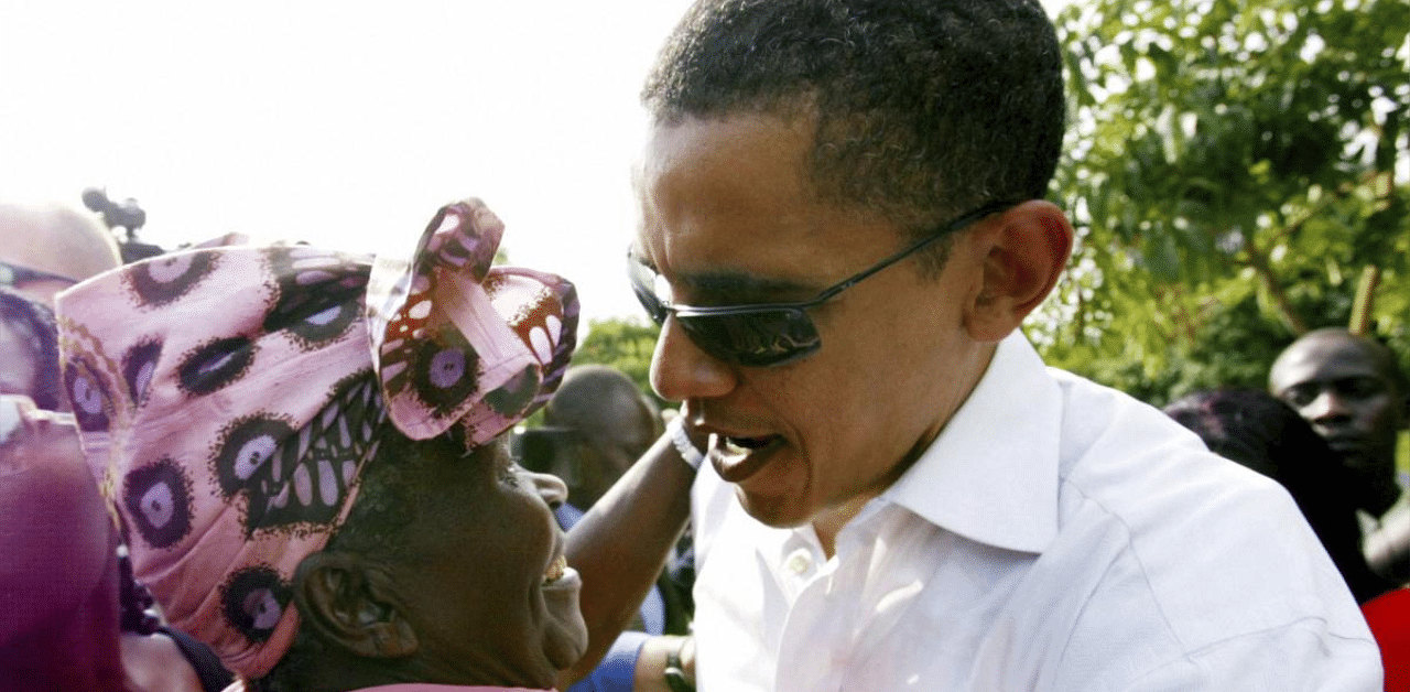 Former US President Barack Obama with his step-grandmother Sarah Obama. Credit: AP file photo. 