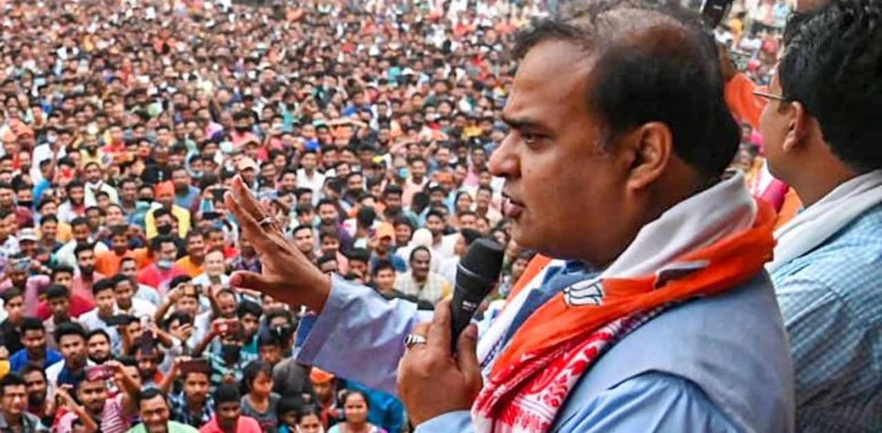 Himanta Biswa Sarmah addresses a public meeting ahead of Assam Assembly Polls, in Assam’s Hojai district, Friday, March 26, 2021. Credit: PTI Photo