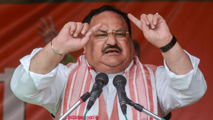 BJP National President JP Nadda addresses an election campaign rally, ahead of Assam Assembly polls, at Tingkhong in Dibrugarh district, Monday, March 22, 2021. Credit: PTI Photo