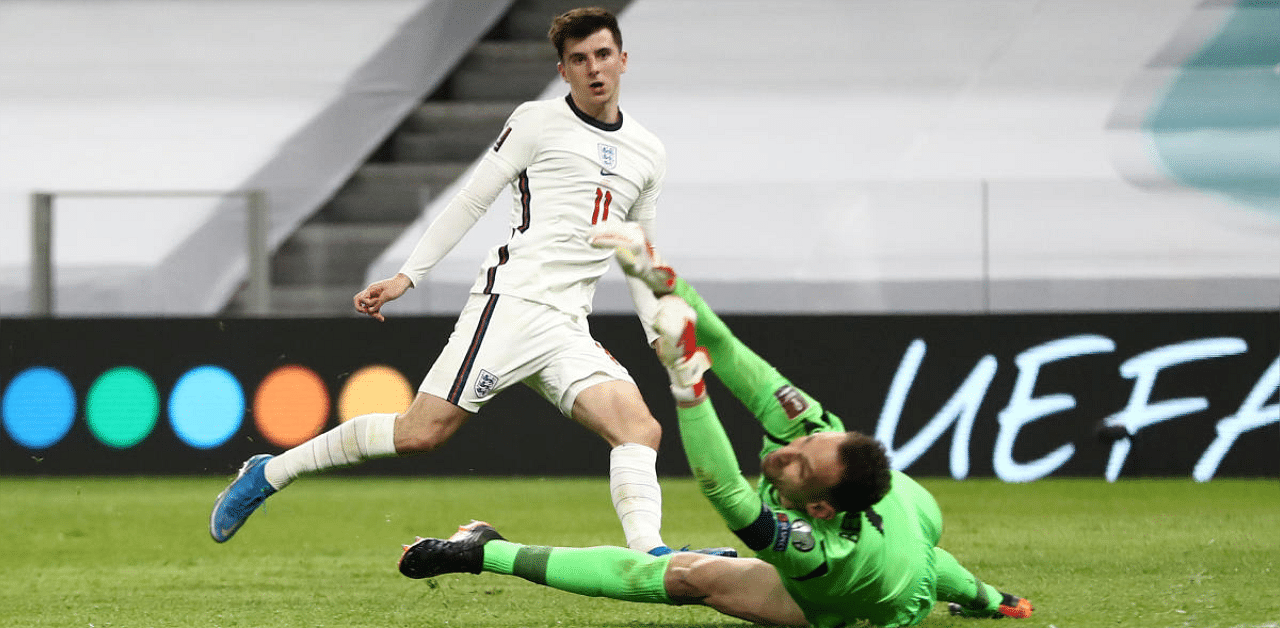 England's Mason Mount scores their second goal. Credit: Reuters photo. 