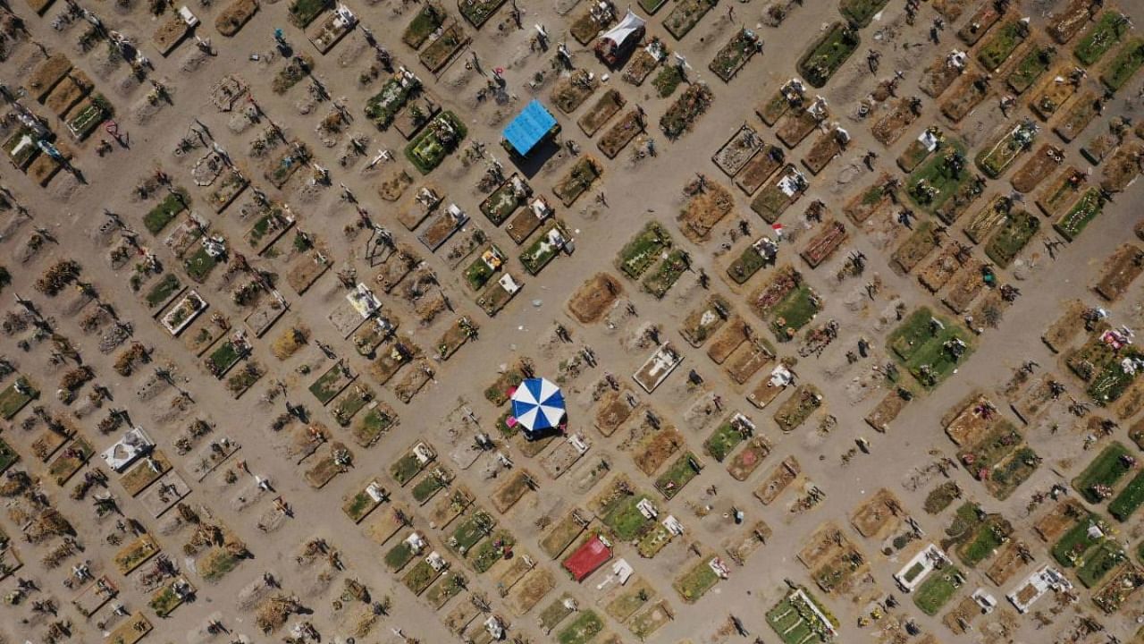 Aerial view of graves at a special area designated for Covid-19 victims, at the Municipal Pantheon of Valle de Chalco, State of Mexico. Credit: AFP.