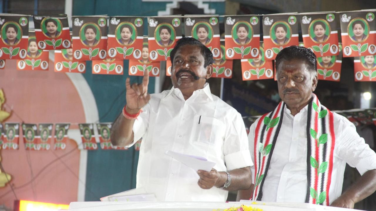 Tamil Nadu Chief Minister Edappadi K. Palaniswami addresses an election campaign in support of party's Bodi assembly constituency candidate and Deputy Chief Minister O. Panneerselvam. Credit: PTI.