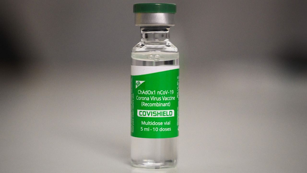 A vial of the SII-manufactured Oxford-AstraZeneca Covid-19 vaccine 'Covishield.' Credit: AFP File Photo