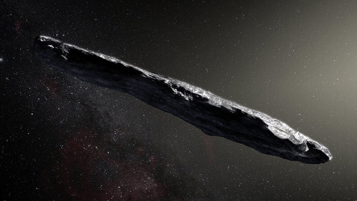 Artist's concept of interstellar object1I/2017 U1 ('Oumuamua) as it passed through the solar system after its discovery in October 2017. The aspect ratio of up to 10:1 is unlike that of any object seen in our own solar system. Image Credit: European Southern Observatory / M. Kornmesser