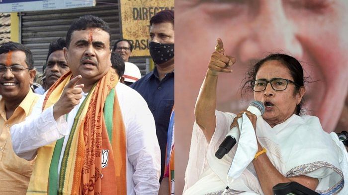 BJP candidate for Nandigram Suvendu Adhikari (L), West Bengal Chief Minister Mamata Banerjee. Credit: PTI File Photos