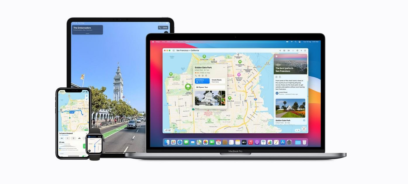 Apple Maps on iPhone, Watch, iPad Pro and MacBook. Credit: Apple