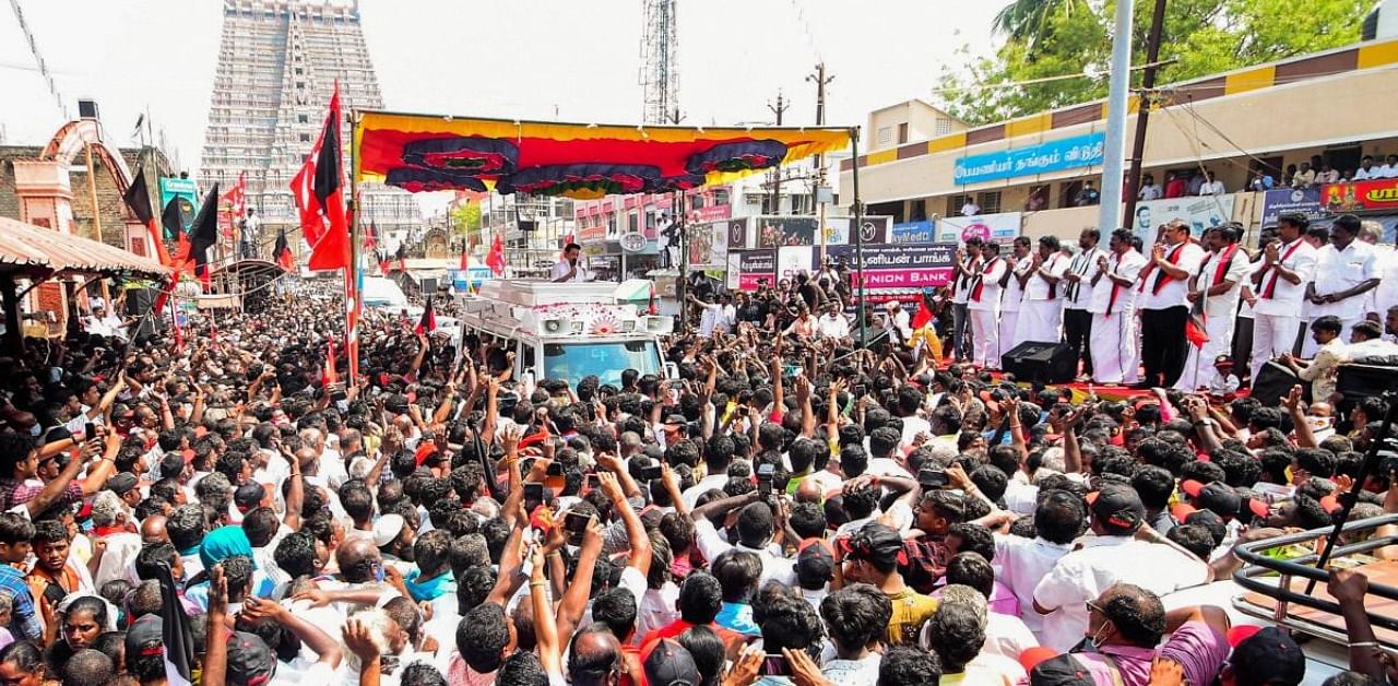 MK Stalin at an election campaign rally. Credit: PTI Photo