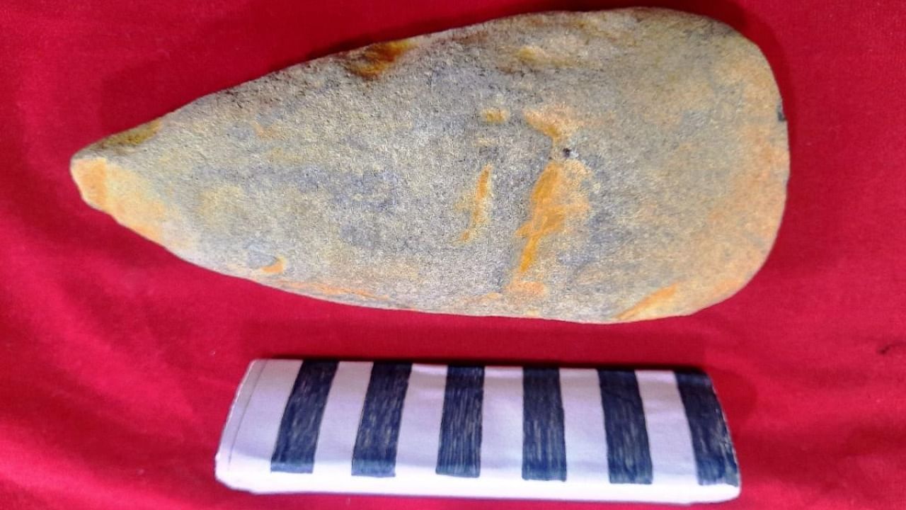 A New Stone Age tool discovered Kallahalli in Bhadravathi taluk. Credit: DH Photo