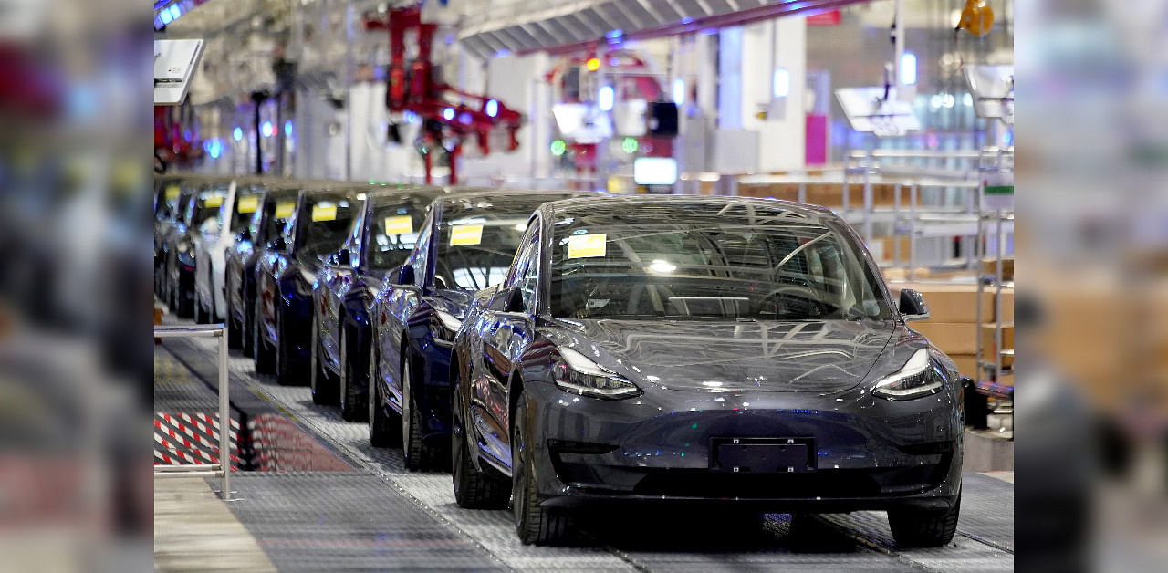 Tesla's China-made Model 3 vehicles are seen during a delivery event at its factory in Shanghai. Credit: Reuters