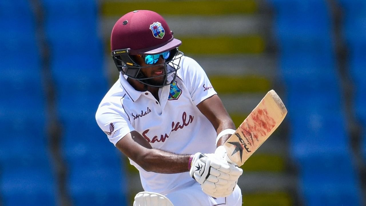 Kraigg Brathwaite of West Indies hits 4 during day 4 of the 2nd Test between West Indies and Sri Lanka at Vivian Richards Cricket Stadium in North Sound, Antigua and Barbuda. Credit: AFP Photo