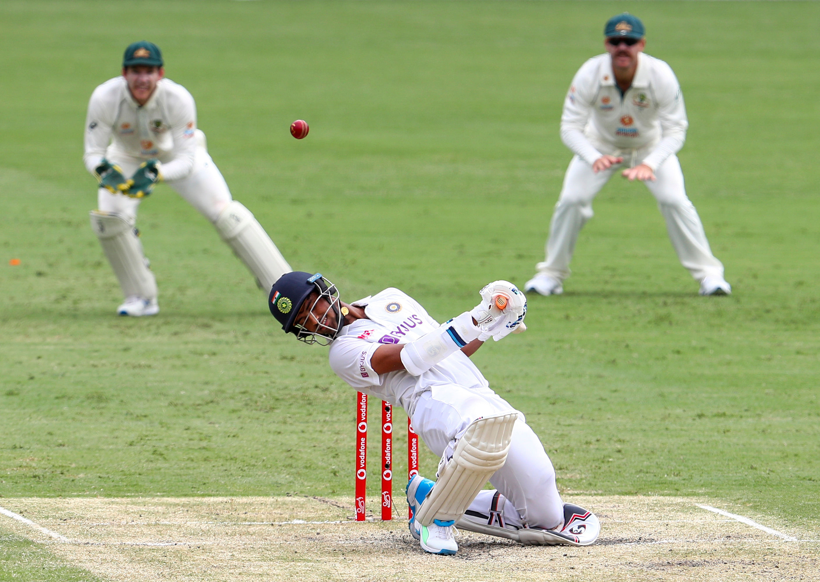 India's Washington Sundar ducks to avoid a bouncer during play on day three of the fourth cricket test between India and Australia at the Gabba, Brisbane. Credit: AP