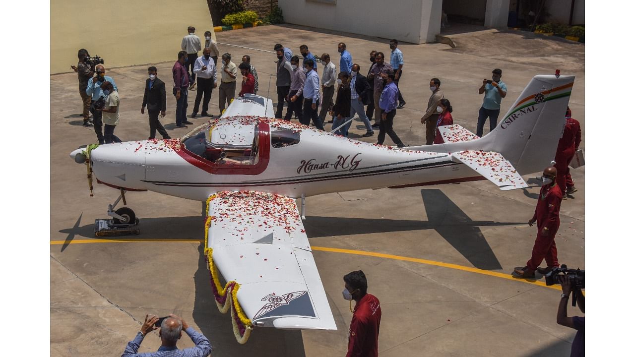 Roll out programme of Hansa NG by CSIR National Aerospace Laboratories (NAL) in Bengaluru on Wednesday. Credit: DH Photo/S K Dinesh