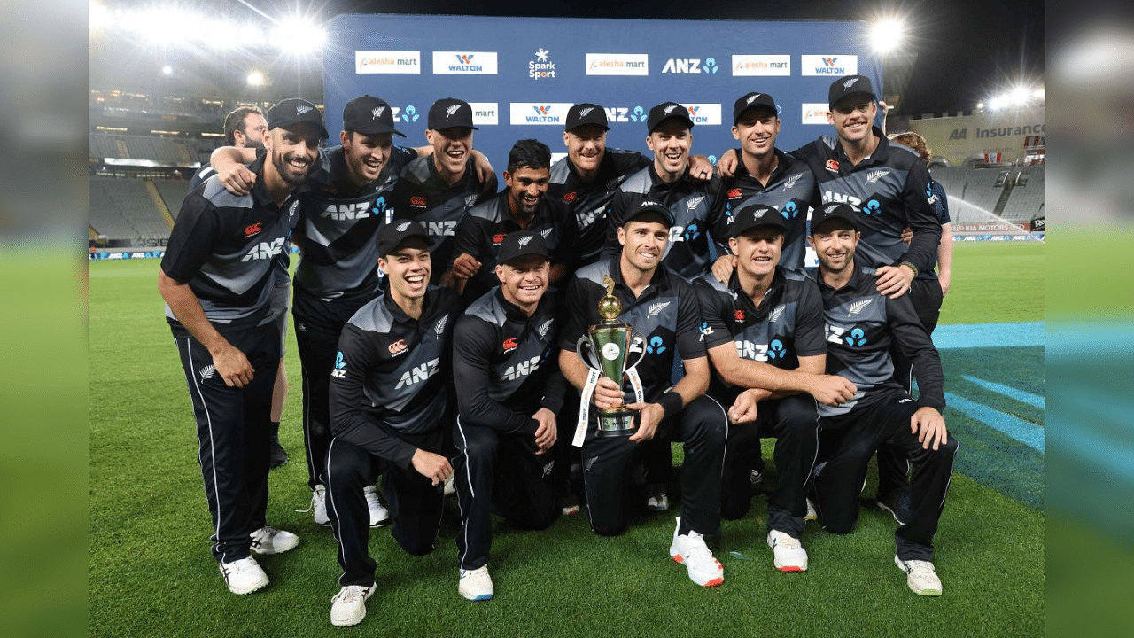 New Zealand's players celebrate their series victory after the third Twenty20 cricket match between New Zealand and Bangladesh in Auckland on April 1, 2021.  Credit: AFP Photo