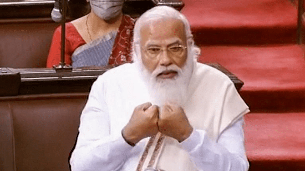  Prime Minister Narendra Modi speaks in the Rajya Sabha during ongoing Budget Session of Parliament, in New Delhi, Monday, Feb. 8, 2021. Credit: PTI Photo