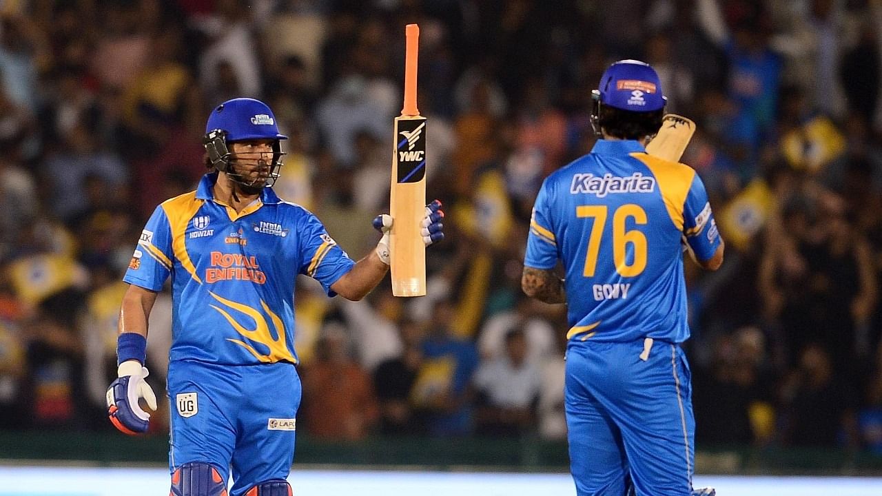 Yuvraj Singh slammed four sixes off Zander de Bruyn during India Legends' 56-run win over South Africa Legends in the Road Safety World Series at Raipur. Credit: Twitter/@RSWorldSeries