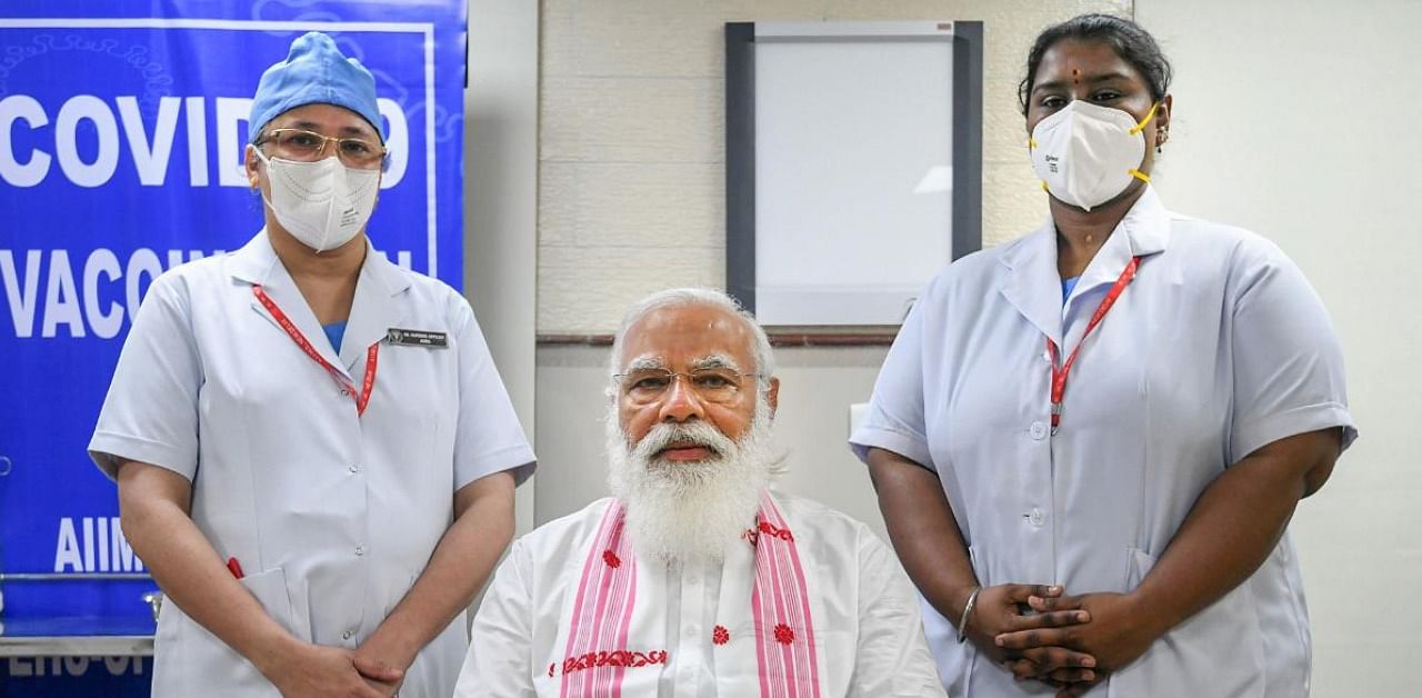 Prime Minister Narendra Modi after being administered the first dose of Covid-19 vaccine, at AIIMS in New Delhi, Monday, March 1, 2021. Credit: PTI Photo